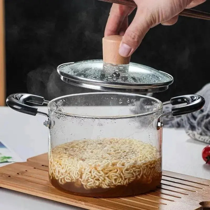 Transparent Glass Soup Pot - Heat-Resistant Cookware with noodles boiling inside, highlighting its flame-proof and versatile kitchen use.