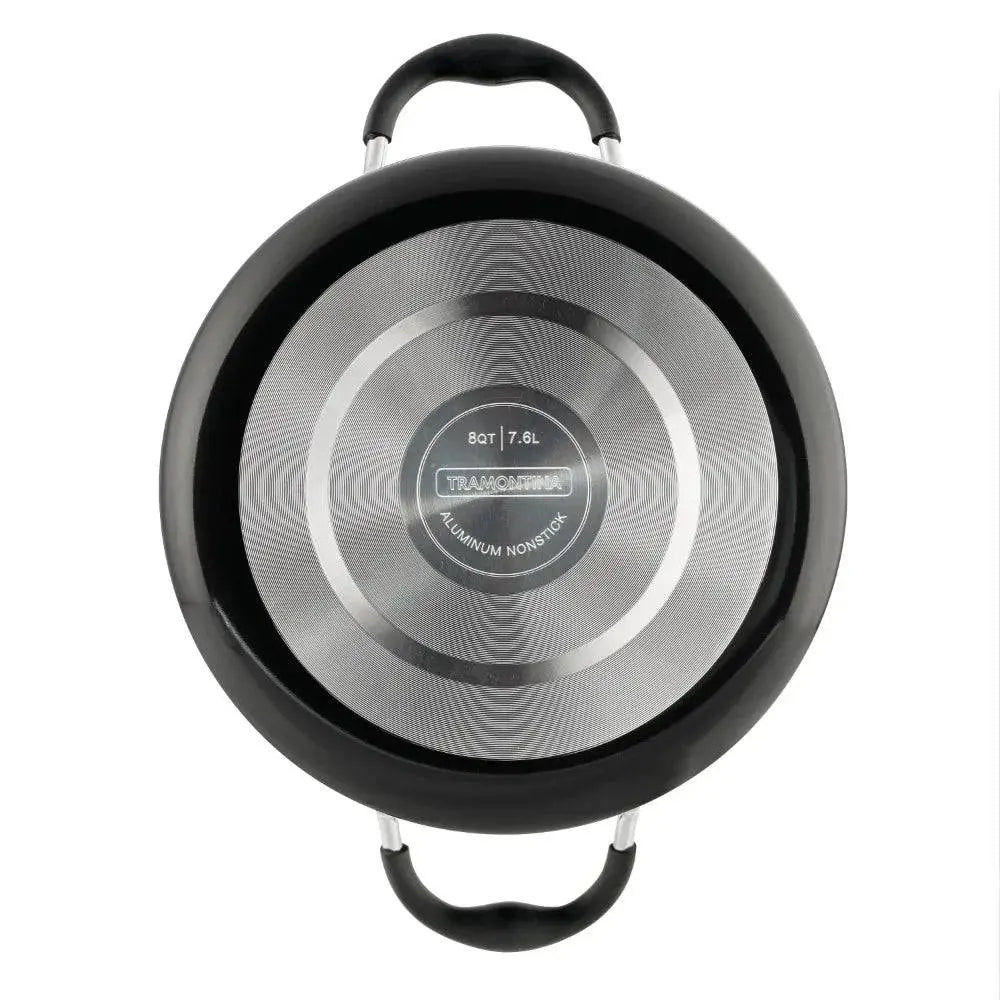 Bottom view of Tramontina 8 Qt Non-Stick Stock Pot, showing durable aluminum base for even heat distribution and easy cleanup.
