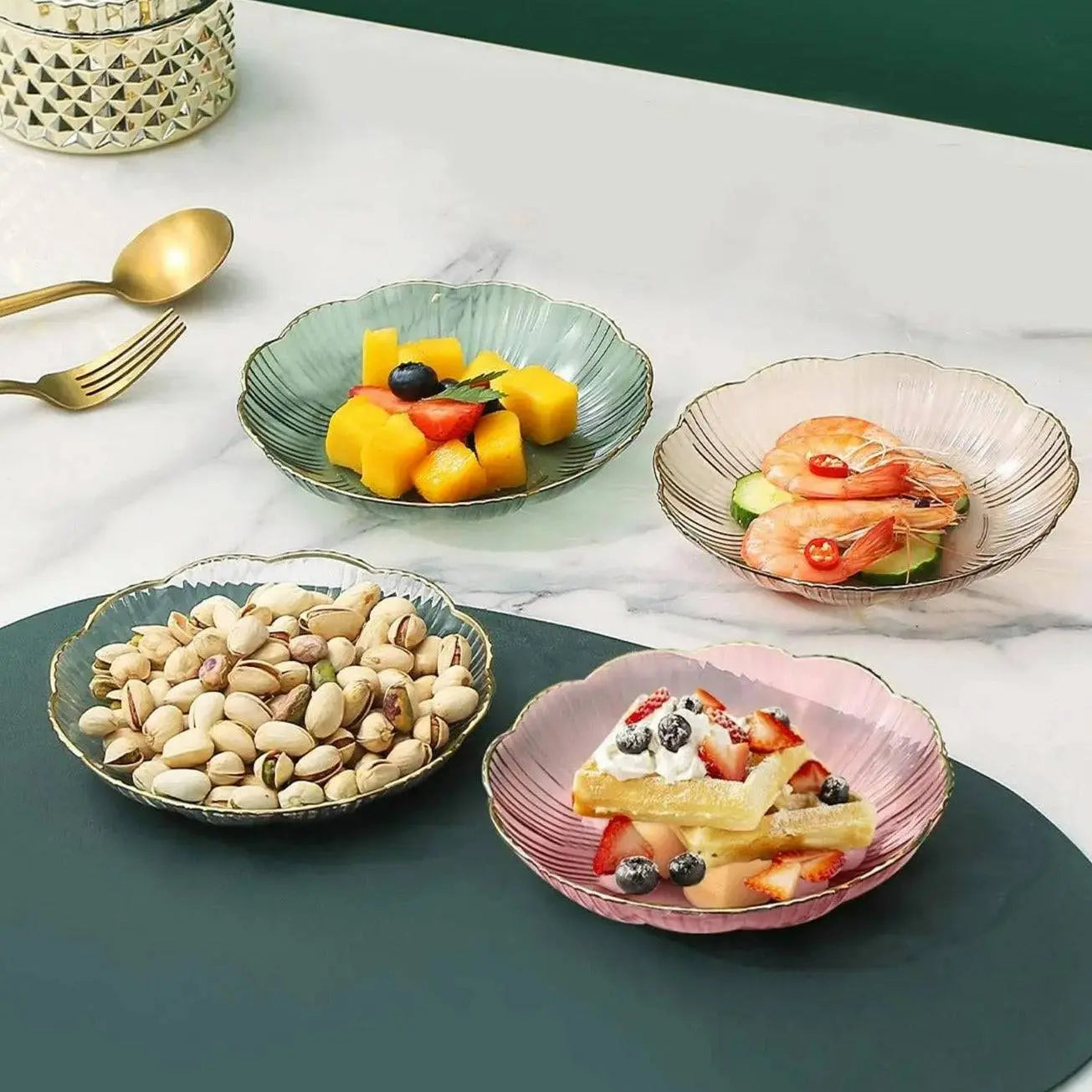 Bone Dish Rubbish Plate - Bone Dish Plate Storage | Compact Snack Solution featuring colorful snacks like fruits, shrimp, and nuts on elegant plates.