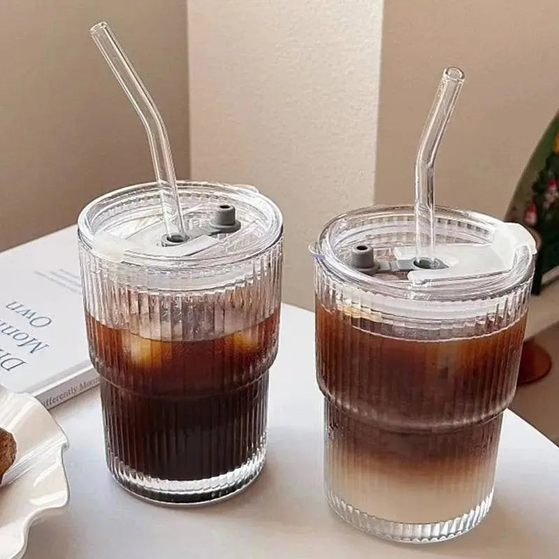 400 ML Stripe Glass Cup | Durable Transparent Design with iced coffee drinks, showcasing spill-proof lids and eco-friendly glass straws for on-the-go sipping.