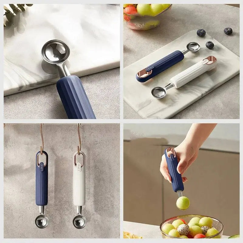 Stainless Steel Ball Scooper - Stainless Steel Scooper | Durable set in blue and white colors, shown with fruit balls and hanging hooks for easy storage.