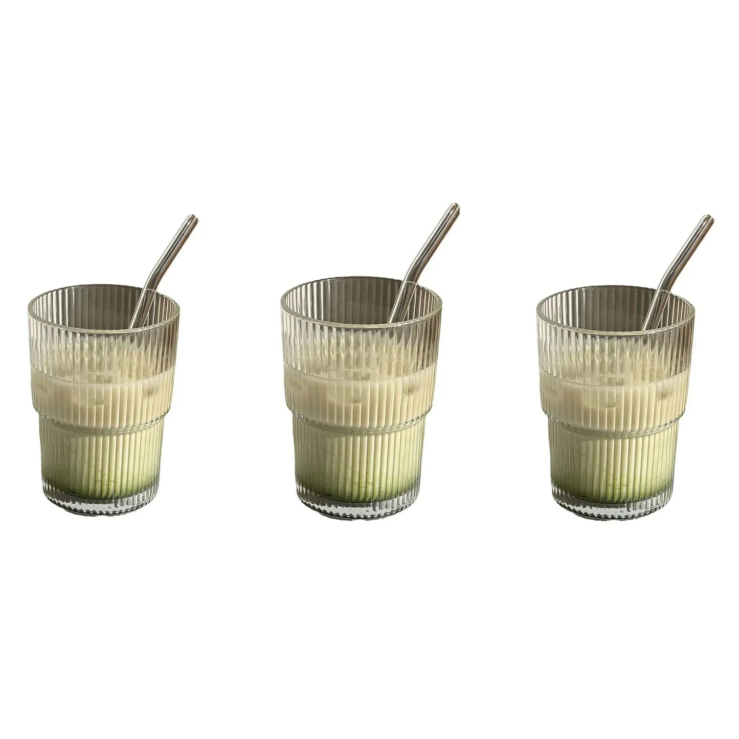 400 ML Stripe Glass Cup | Durable Transparent Design featuring a set of three cups with iced matcha drinks, highlighting the elegant ribbed glass style.