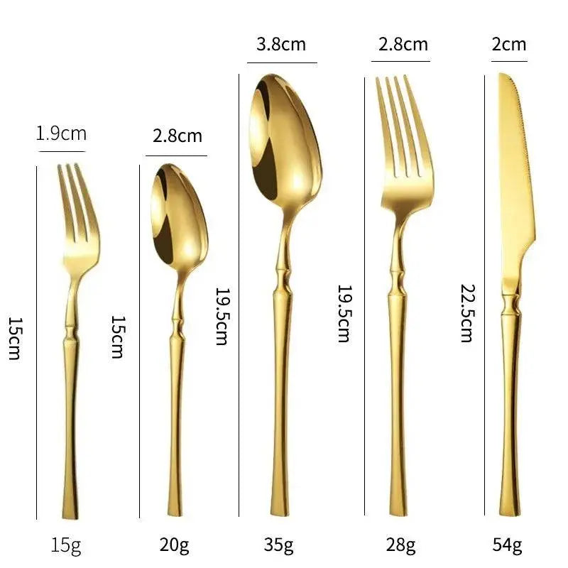 Detailed size chart of 5/20/30 Pieces Cutlery - Gold Stainless Steel Set, showing dimensions and weights for each utensil, ideal for informed purchasing.