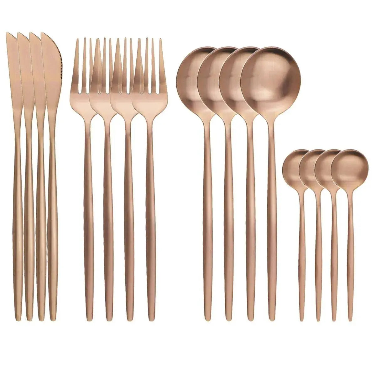 Chic 16 Pieces Dinnerware Set in rose gold stainless steel, offering a luxurious touch with knives, forks, and spoons.