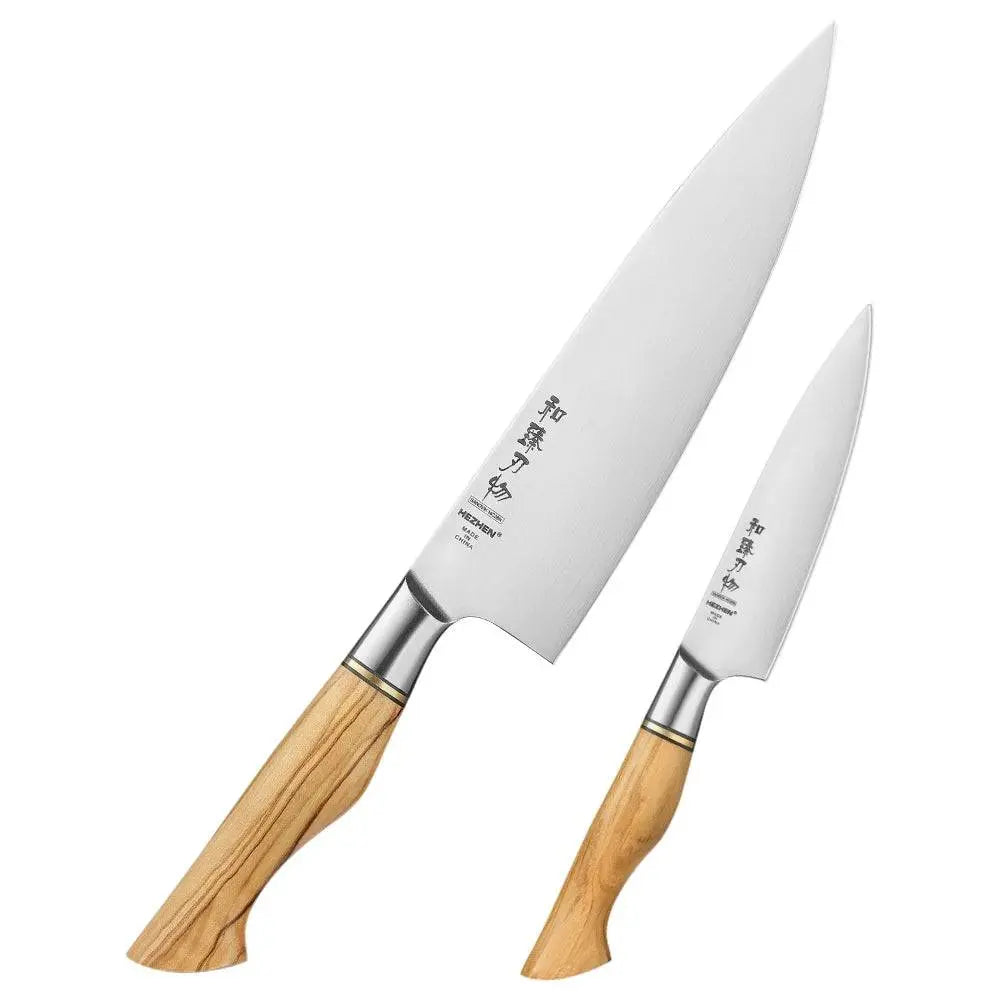 HEZHEN Knife Set - Sandvik Steel Knife Set featuring a chef knife and paring knife duo with olive wood handles, Buy 2 Get 1 Free offer.