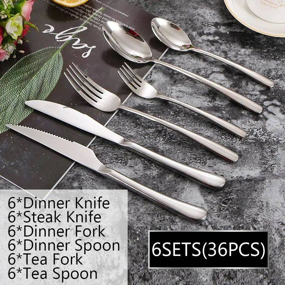 6 sets (36 pieces) of 304 Stainless Steel Dinnerware Set - Timeless Dining, ideal for large gatherings and elegant dining.