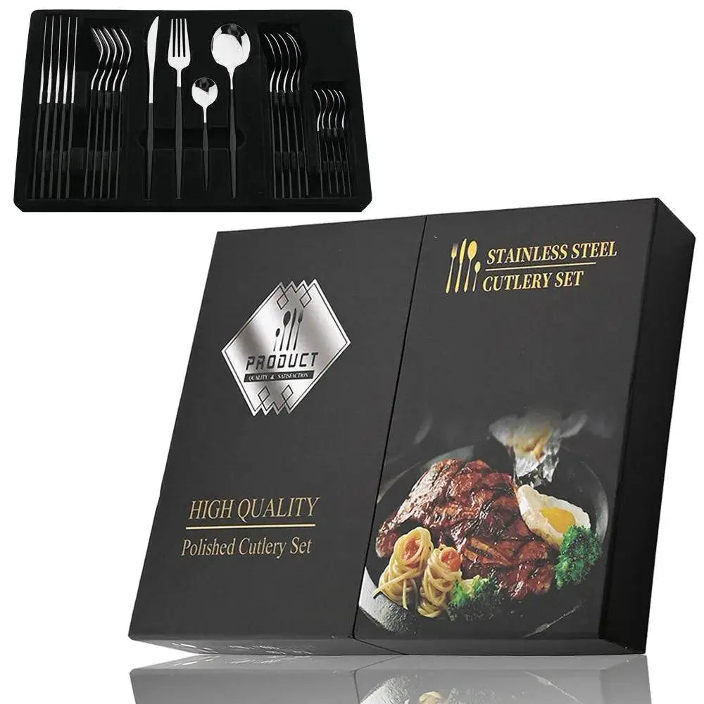 24 Pcs Black Handle Golden Cutlery Set featuring stainless steel utensils with sleek black handles and gold accents, displayed in a black tray.