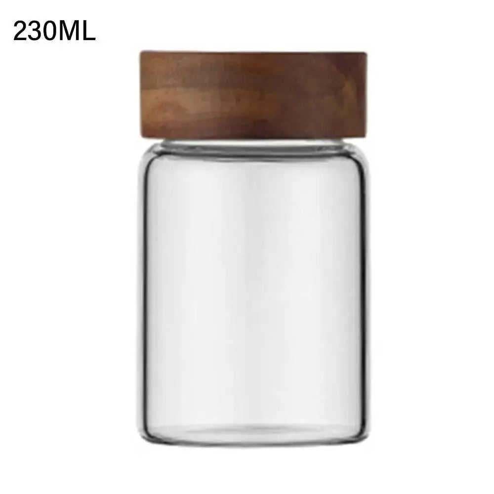 Glass Spice Jars with Wood Lids - Airtight Seal | Buy 2, Get 1 Free displaying a 230ML glass spice jar with an airtight acacia wood lid for freshness.