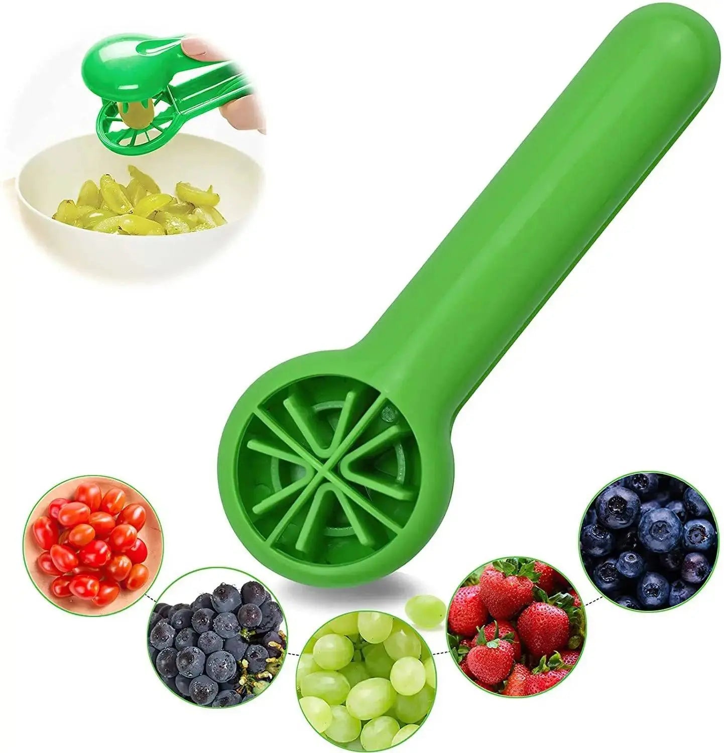 Green Handy Grape Cutter - Grape Cutter Tool | Safe Fruit Slicer with sliced grapes and various fruits displayed around it.