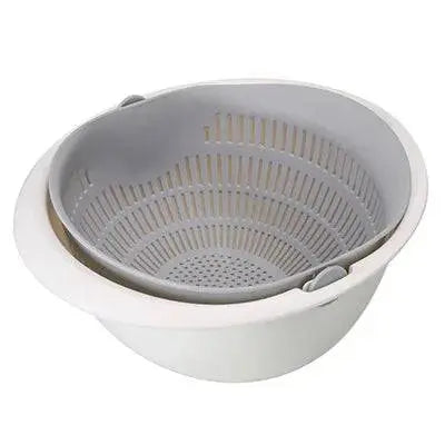 Rotatable Double Drain Basket - Efficient Kitchen Tool in gray and white, designed for effortless fruit and vegetable washing.
