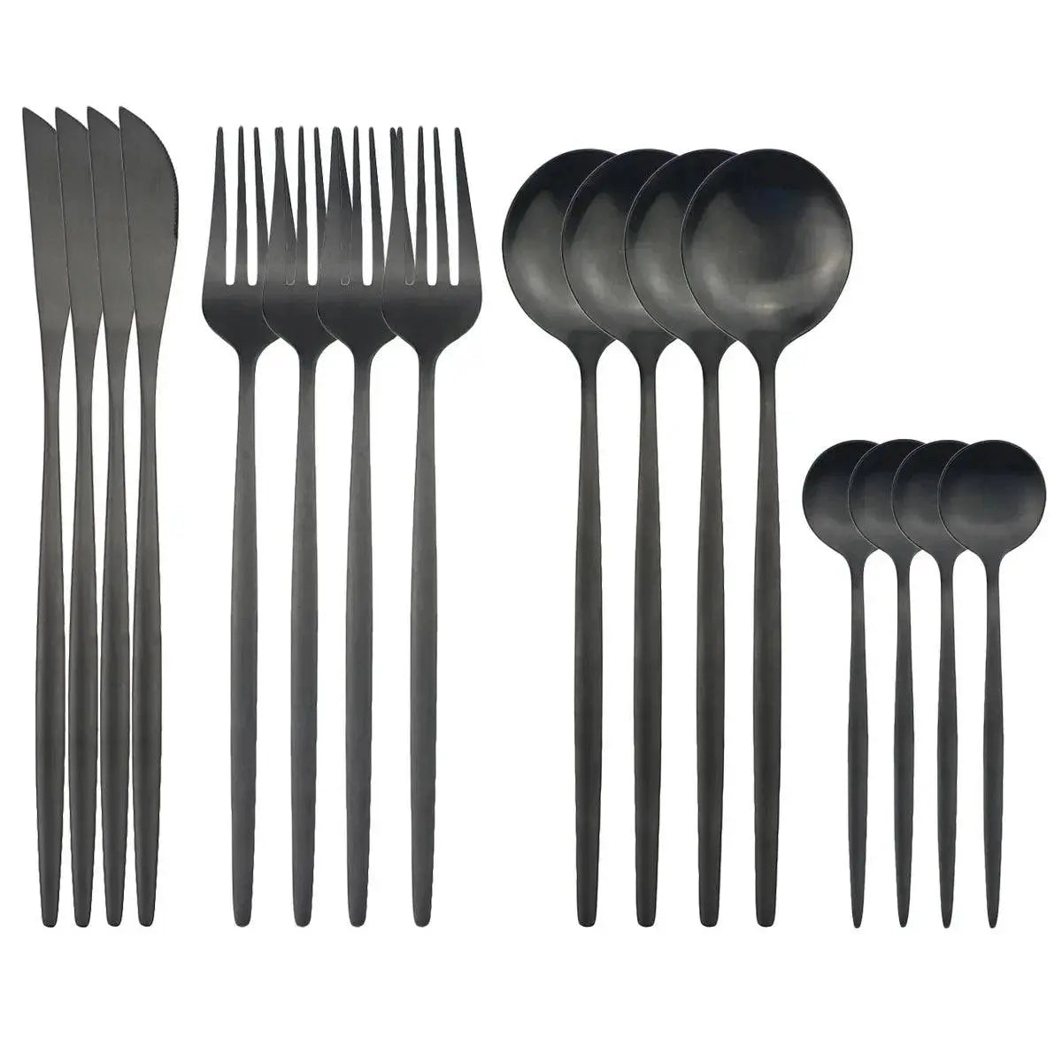 Modern 16 Pieces Dinnerware Set in matte black stainless steel, perfect for contemporary and stylish table settings.