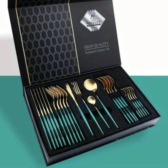 24-piece golden cutlery set with green handles in a luxury black box, ideal for upgrading holiday table decor.