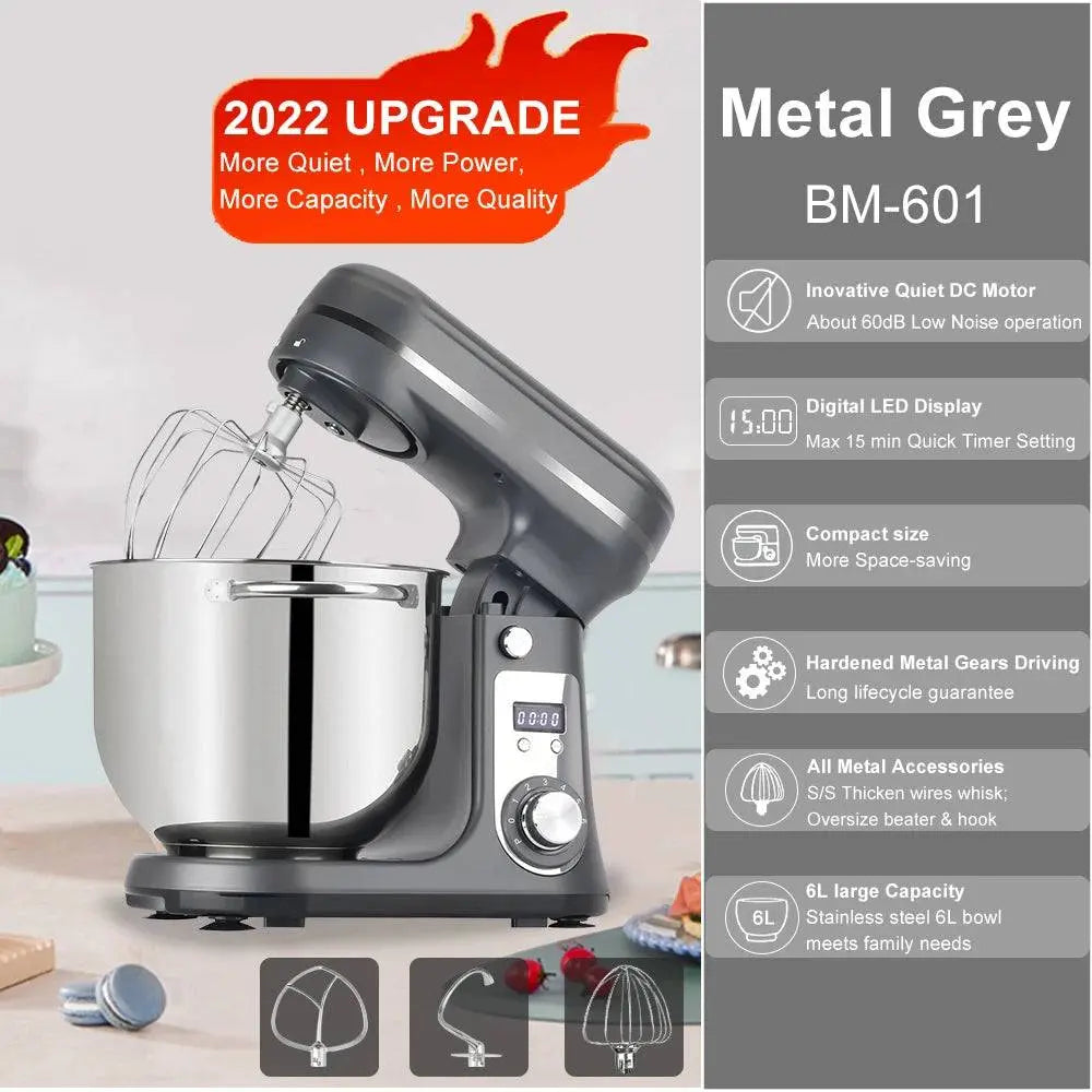 BioloMix Food Stand Mixer - BioloMix Stand Mixer | 1200W, 6-Speed, Quiet Motor in metal grey color with upgraded quiet motor and LED display.