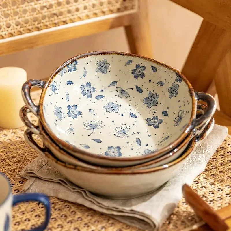 7.5-inch Japanese Noodle Bowl - Ceramic Masterpiece stacked with blue floral designs, enhancing kitchen decor and dining experiences.