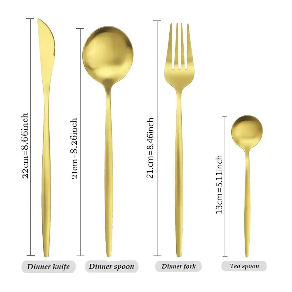 Detailed size chart of the 16 Pieces Dinnerware Set in matte gold, showing dimensions for knife, dinner spoon, fork, and tea spoon.