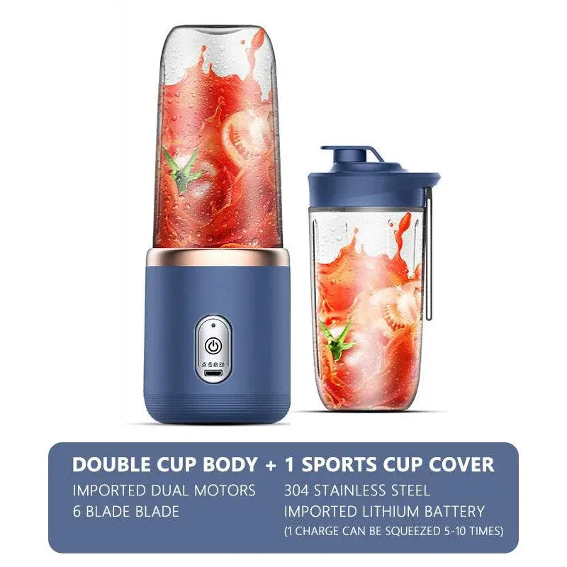 Navy blue Portable Electric Juicer - Fresh Smoothies On-The-Go with double cup body and sports cup cover, ideal for fresh smoothies anytime.