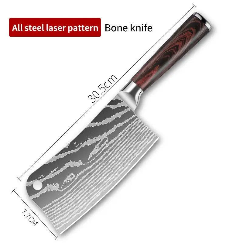 Bone knife from Damascus Knife for Fruit Cutting | Sharp & Stylish set, featuring a 30.5cm steel blade with laser pattern and wood handle.