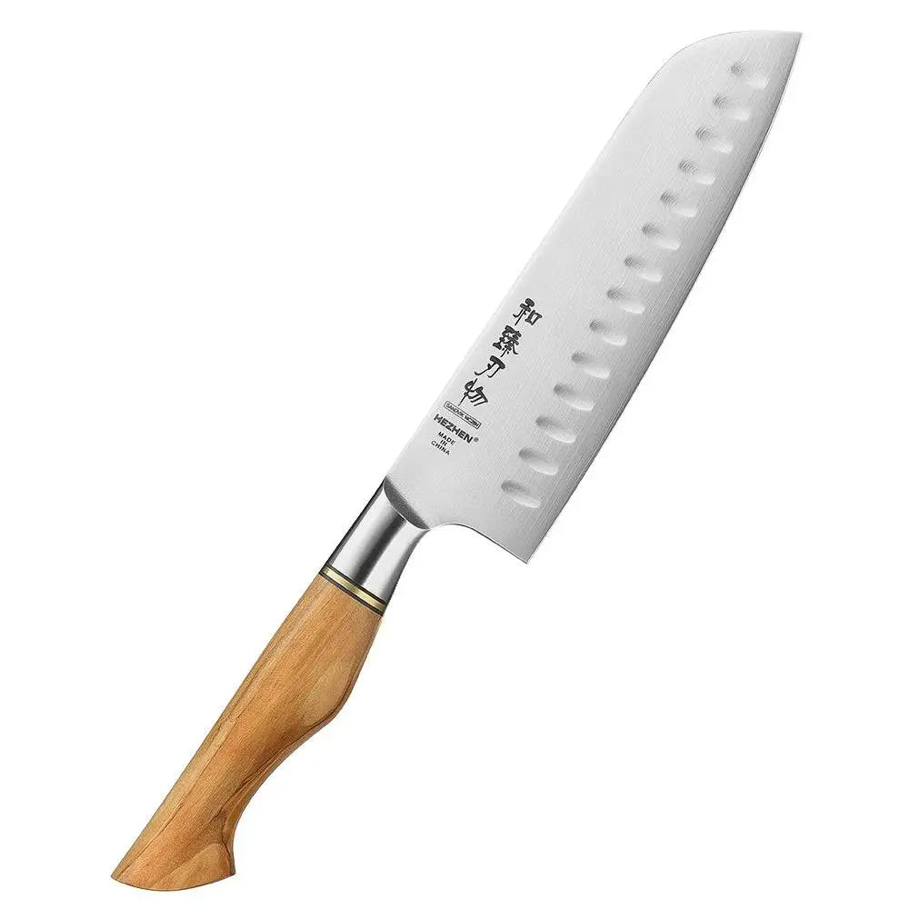 HEZHEN Knife Set - Sandvik Steel Knife Set featuring a Santoku knife with engraved blade and olive wood handle, Buy 2 Get 1 Free promotion.