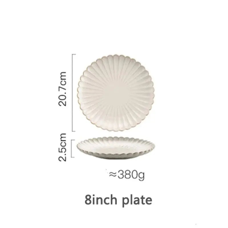 Dimensions of 8-inch white ceramic plate with scalloped edges, part of the elegant and durable dining essential tableware set.