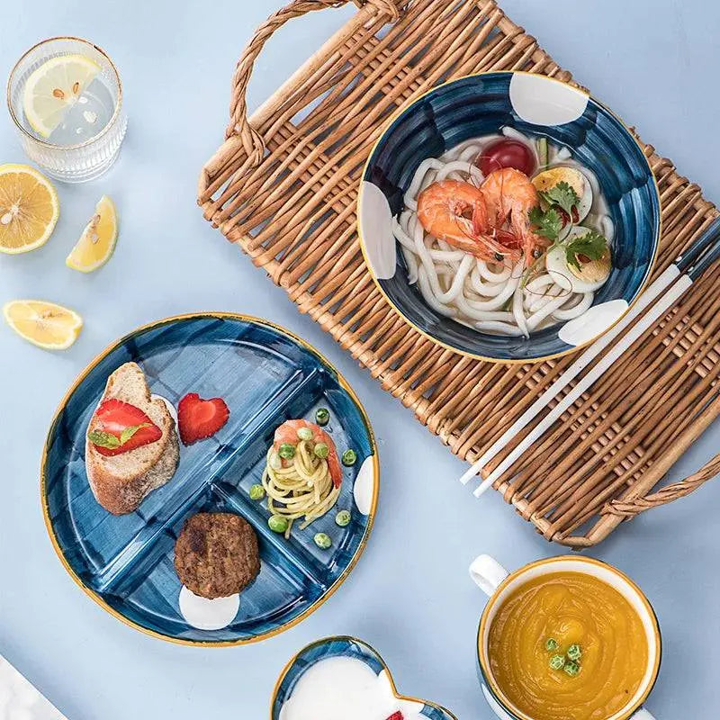 Ceramic Dinner Plate - Japanese Design | Portion Control shown with seafood and bread, highlighting elegant dining and portioned eating.