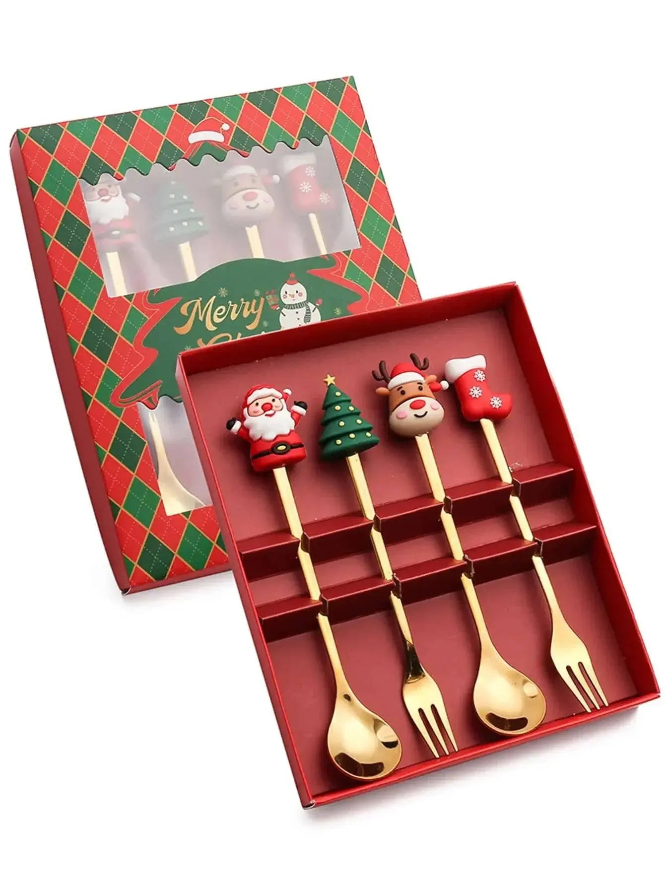 Christmas Coffee Spoons Set | Stainless Gift Set with gold spoons and forks topped with Christmas icons in a red festive box.