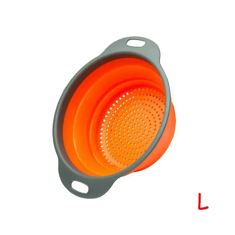 Large orange Round Folding Colander with gray handles, designed for quick drainage and compact storage in any kitchen.