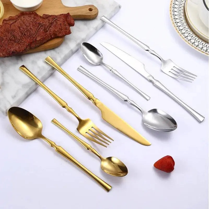 5/20/30 Pieces Cutlery - Gold Stainless Steel Set and silver variant displayed on a marble board, highlighting color options for elegant dining.