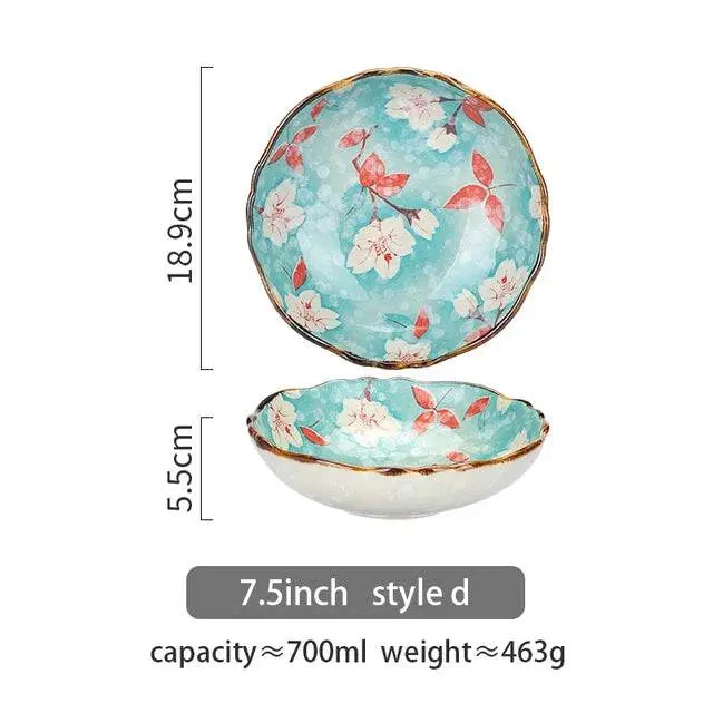 700 ML Flowers Ceramic Bowl style D with vibrant blue and red floral design, 7.5-inch size, enhancing stylish dining experiences.