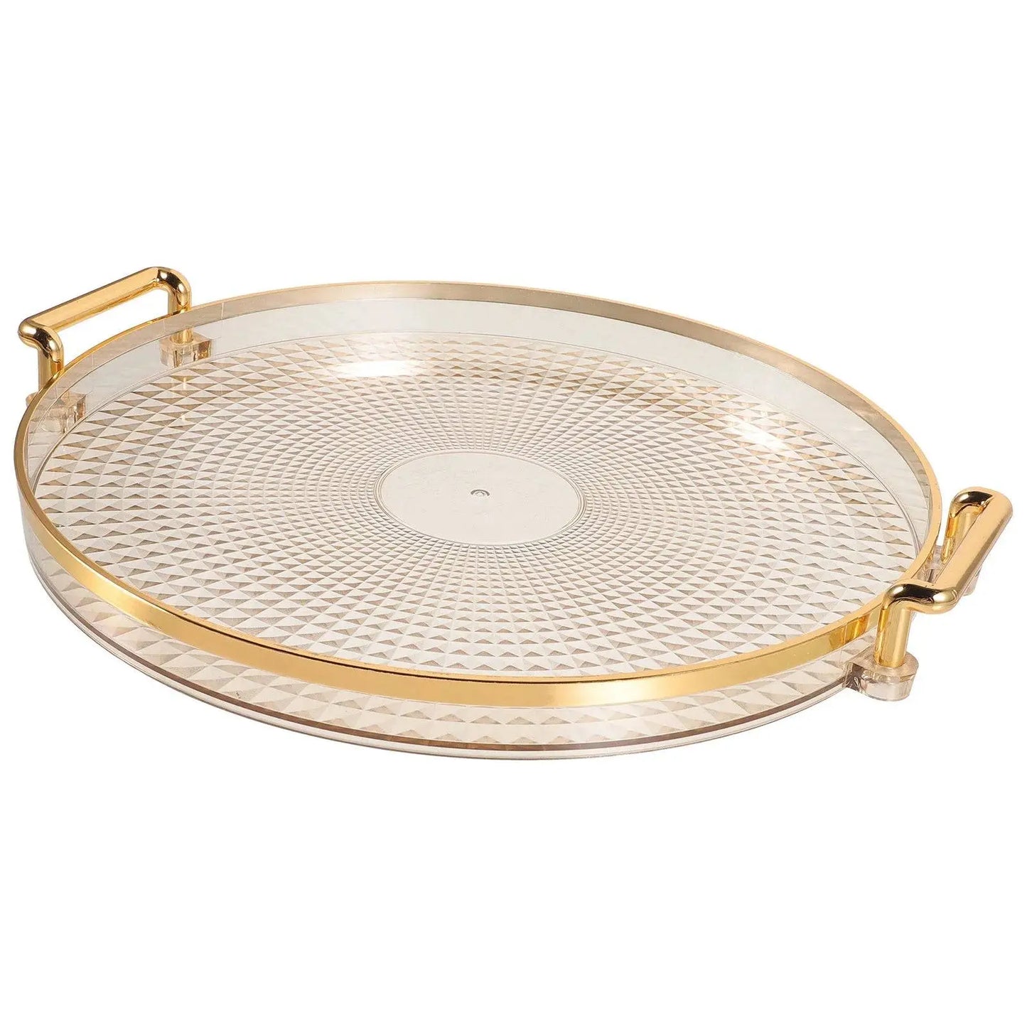 Elegant Round Plastic Tray with gold handles and textured surface, perfect as a stylish serving platter for coffee tables and home decor.