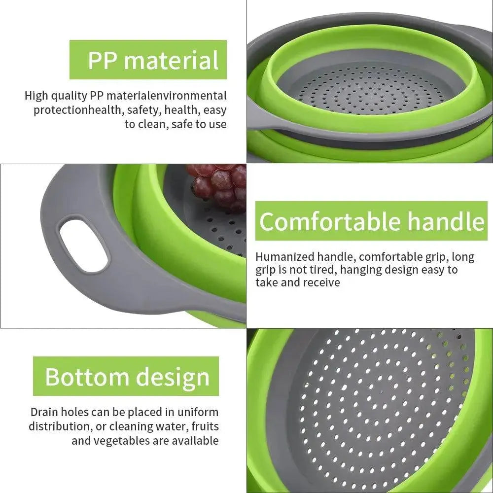 Round Folding Colander features highlighted, including PP material, comfortable handle, and efficient bottom drainage design.