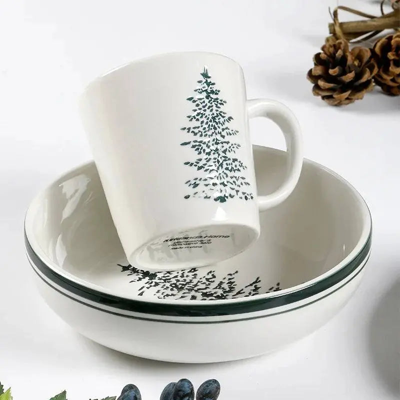 Simple Style Ceramic Dining Plate and Mug Set with festive tree prints, perfect for stylish holiday meals and celebrations.