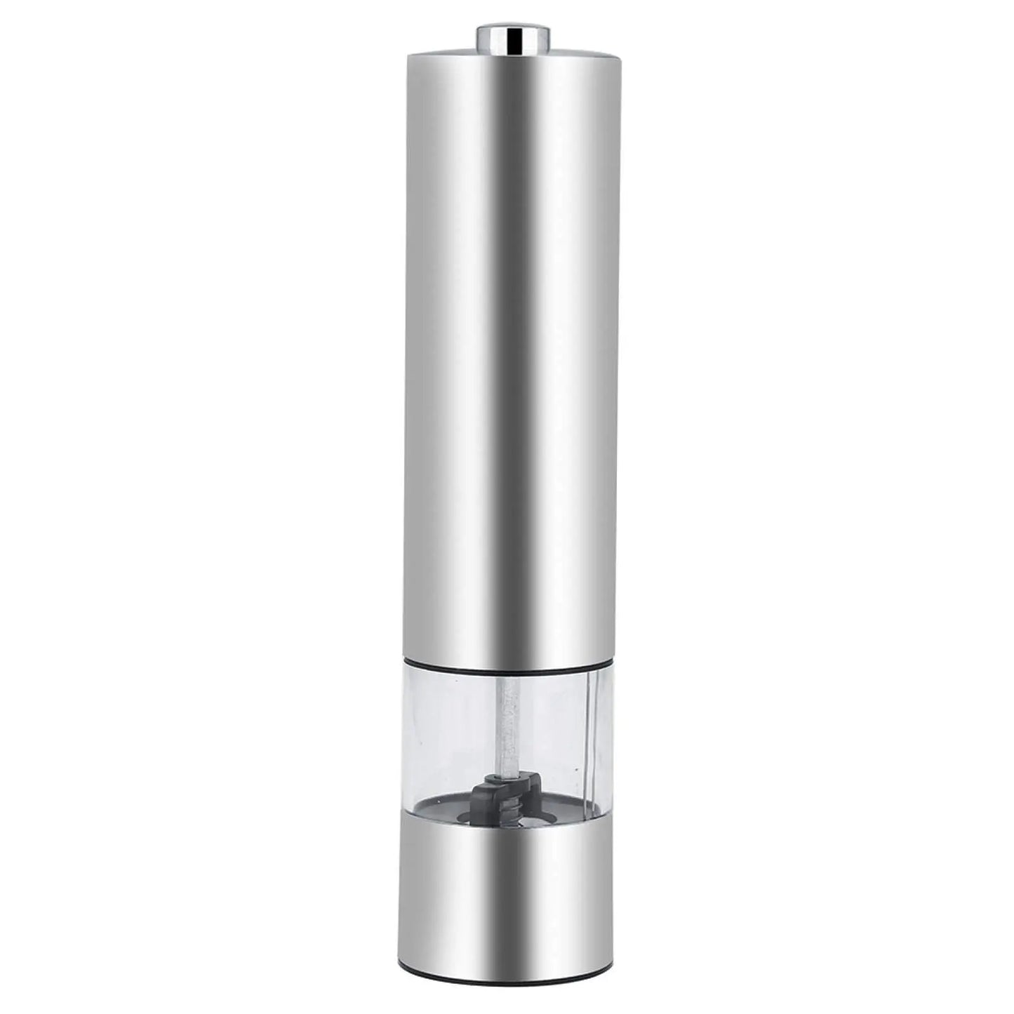 Electric Grinder for Salt & Pepper in stainless steel finish, highlighting its transparent spice chamber and modern, sleek design.