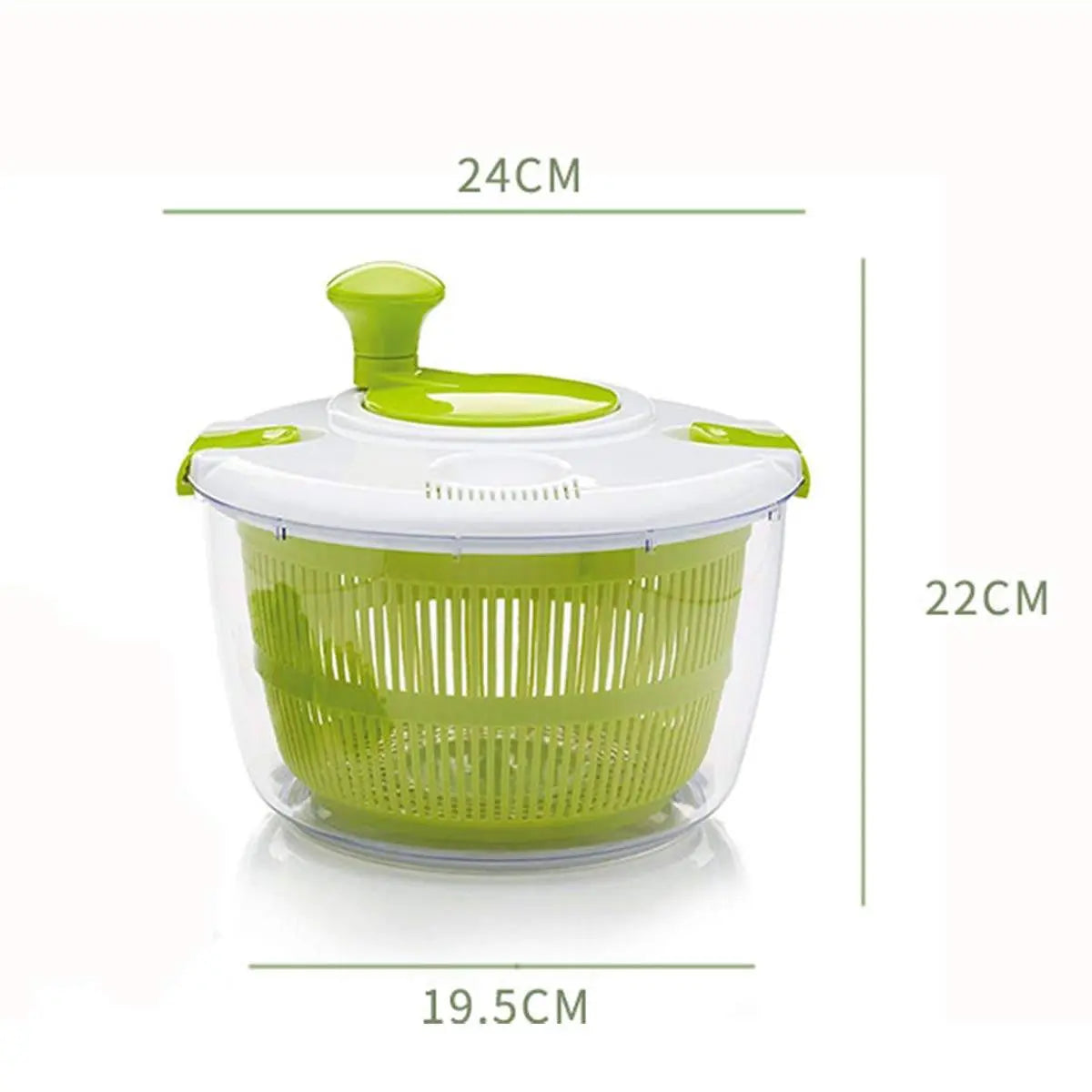 Manual Vegetable Salad Spinner - Compact, Durable | Buy Now, product dimensions displayed with 24cm width and 22cm height for compact storage.