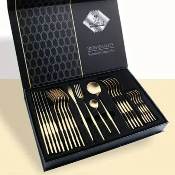 24-piece full golden cutlery set in an elegant black box, perfect for festive holiday dining and special occasions.