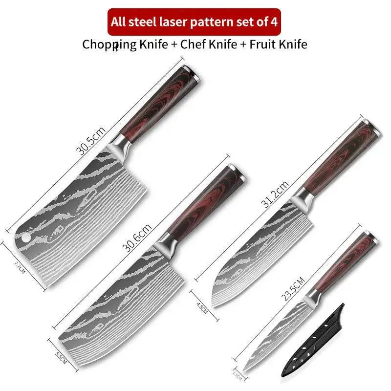 Four-piece Damascus Knife set for Fruit Cutting | Sharp & Stylish including chopping, chef, and fruit knives with steel laser patterns.