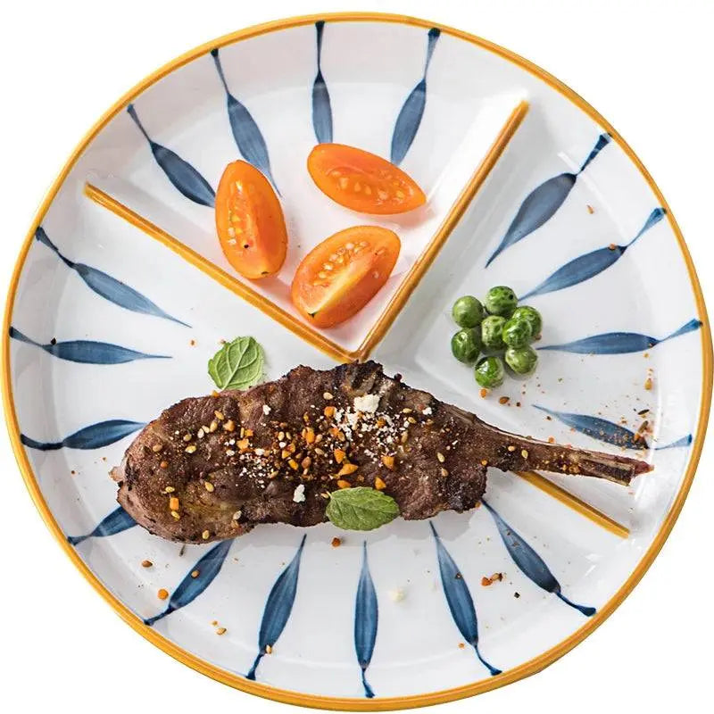 Ceramic Dinner Plate - Japanese Design | Portion Control displaying grilled lamb, tomatoes, and peas, emphasizing stylish portioned dining.