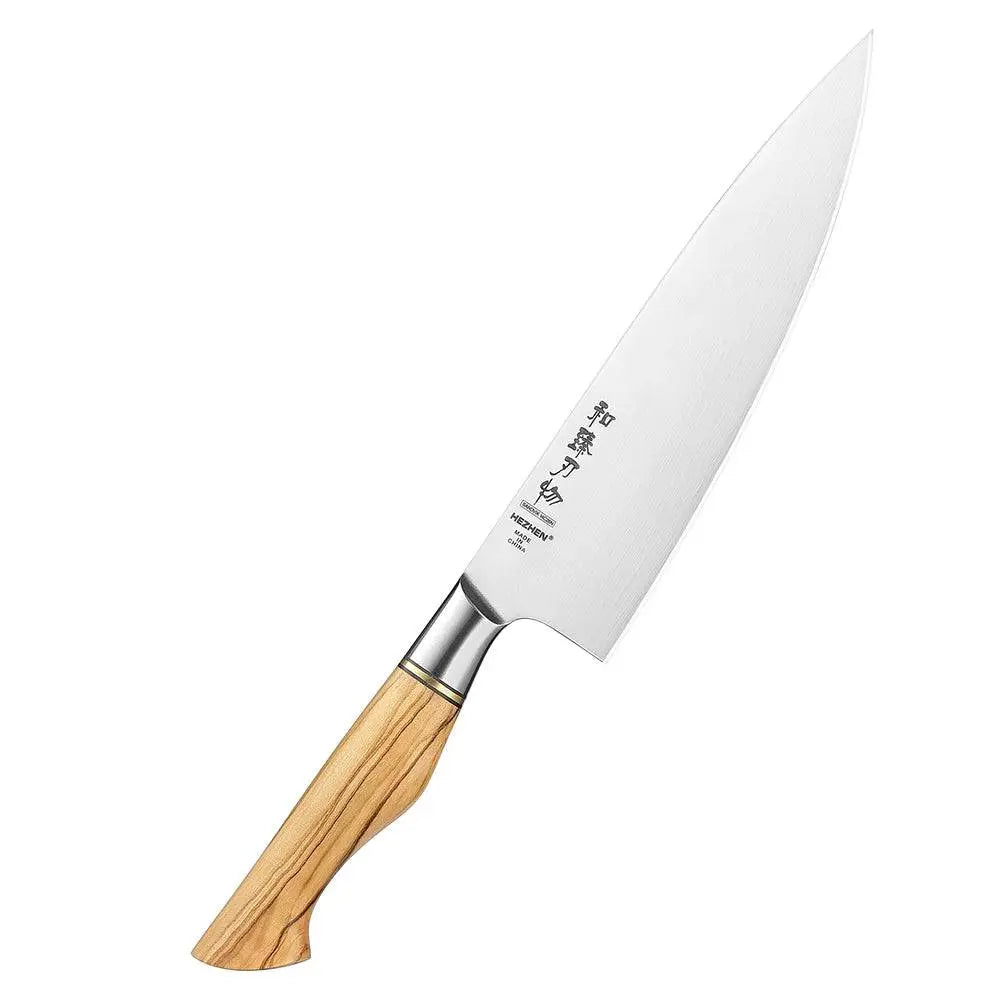 HEZHEN Knife Set - Sandvik Steel Knife Set showcasing a chefβs knife with sharp blade and ergonomic olive wood handle, Buy 2 Get 1 Free deal.