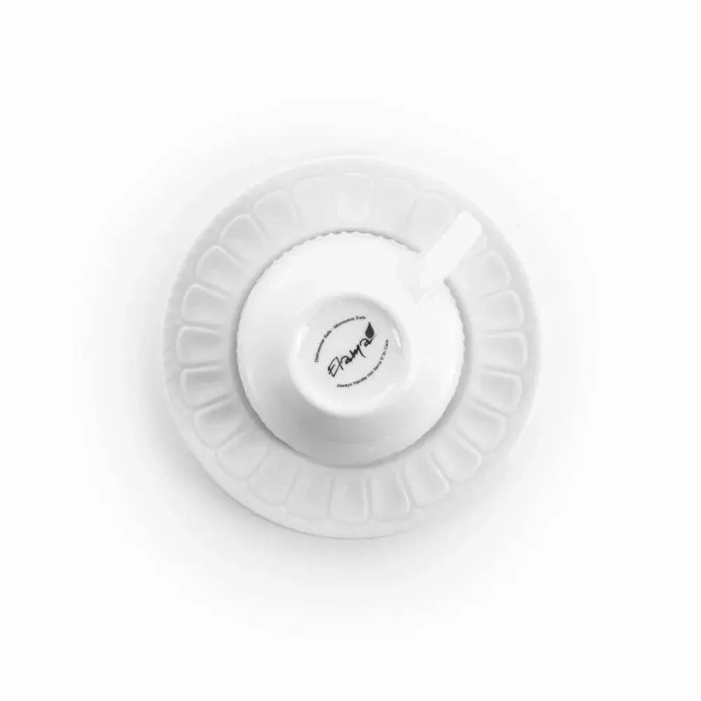 Charlotte Mug Set - Stylish & Durable Mugs | Microwave Safe, top view of a white mug and saucer set with brand logo, emphasizing quality craftsmanship.