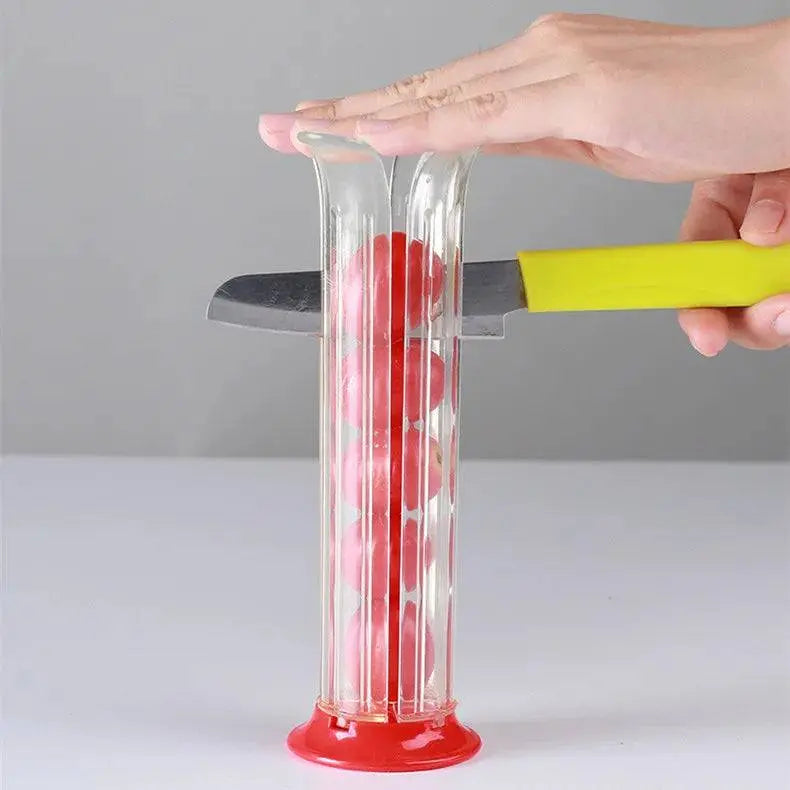 Transparent tube-style Handy Grape Cutter - Grape Cutter Tool | Safe Fruit Slicer used with a knife to slice multiple tomatoes at once.