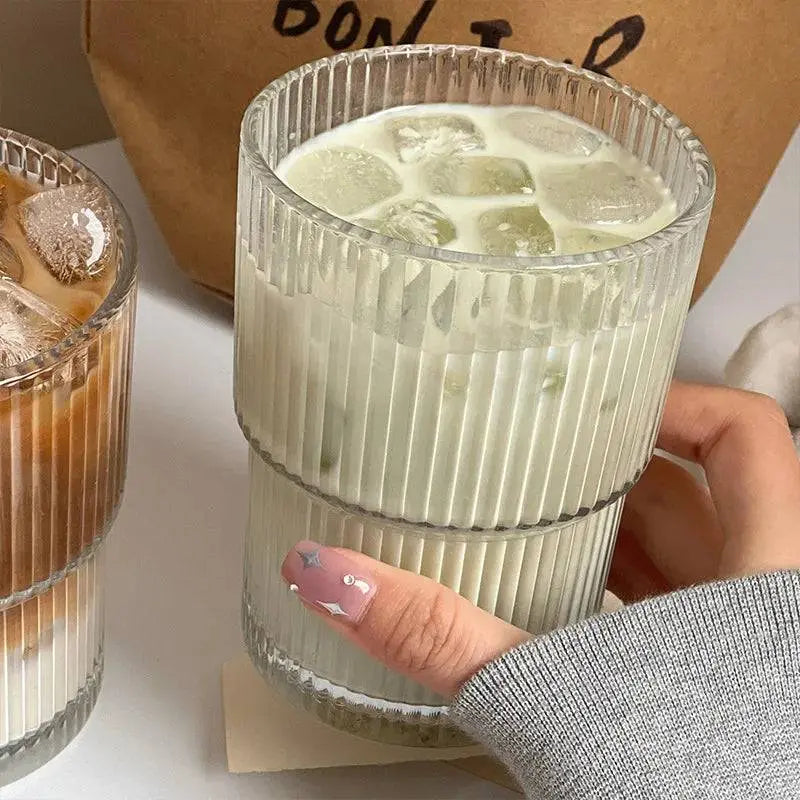 400 ML Stripe Glass Cup | Durable Transparent Design shown with iced matcha latte, highlighting its ribbed texture and sturdy build for beverages.