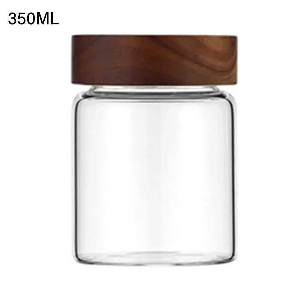 Glass Spice Jars with Wood Lids - Airtight Seal | Buy 2, Get 1 Free highlighting a 350ML glass spice jar with a wide acacia wood lid for easy access.