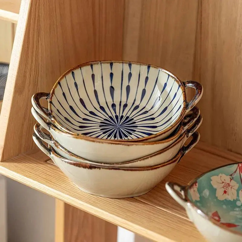 7.5-inch Japanese Noodle Bowl - Ceramic Masterpiece with blue radial stripe design, stacked neatly on a wooden shelf for stylish storage.