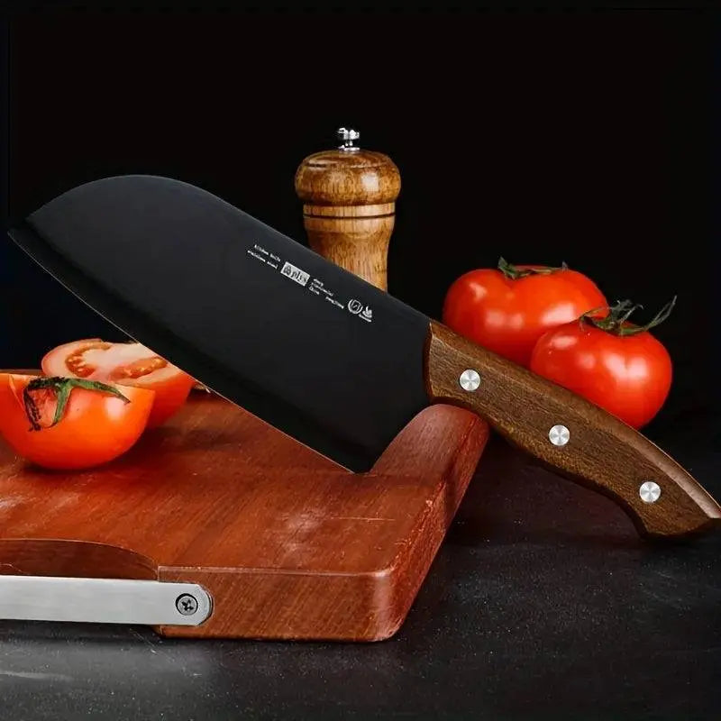 Ladies Cutting Knife - Kitchen Essential with black blade and wooden handle, displayed with tomatoes on a wooden cutting board.