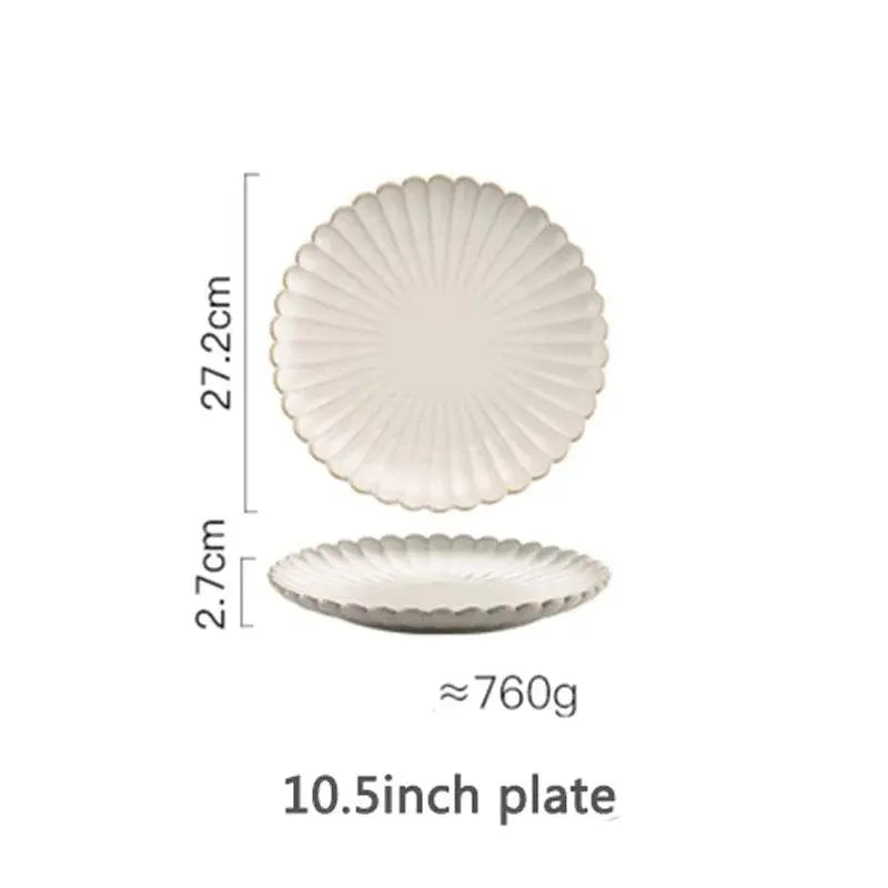 10.5-inch white ceramic plate with scalloped design, detailed size chart from the elegant and durable ceramic tableware set.