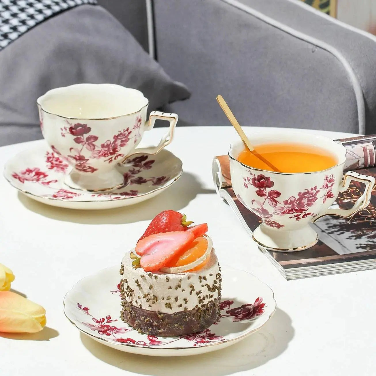 Red Flower Ceramic Coffee Set featuring floral cups with tea and dessert, microwave safe, perfect for elegant coffee or tea breaks.