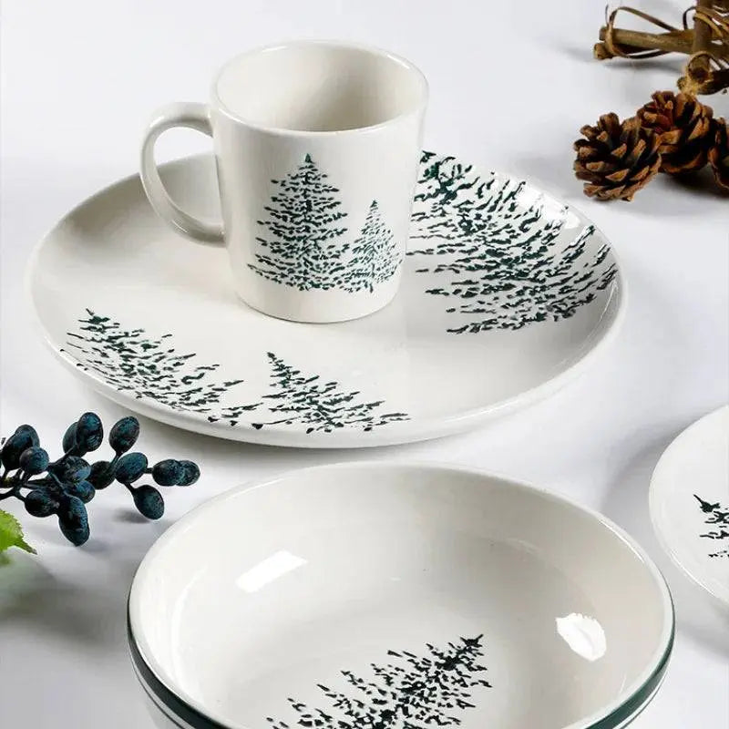 Festive Ceramic Dining Plate and Mug with Simple Style tree patterns, enhancing holiday dining experiences with elegant tableware.