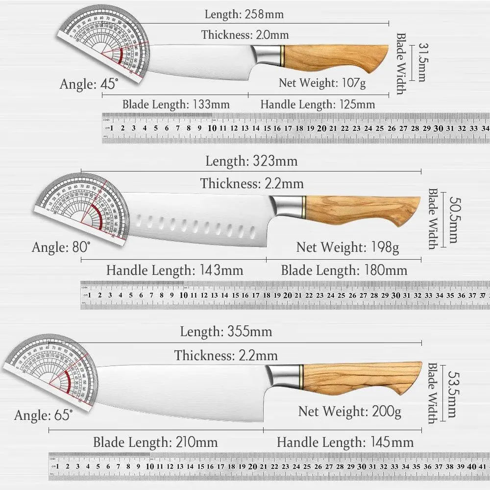 HEZHEN Knife Set - Sandvik Steel Knife Set detailed size chart for chef, Santoku, and bread knives with blade angles and specs, Buy 2 Get 1 Free.