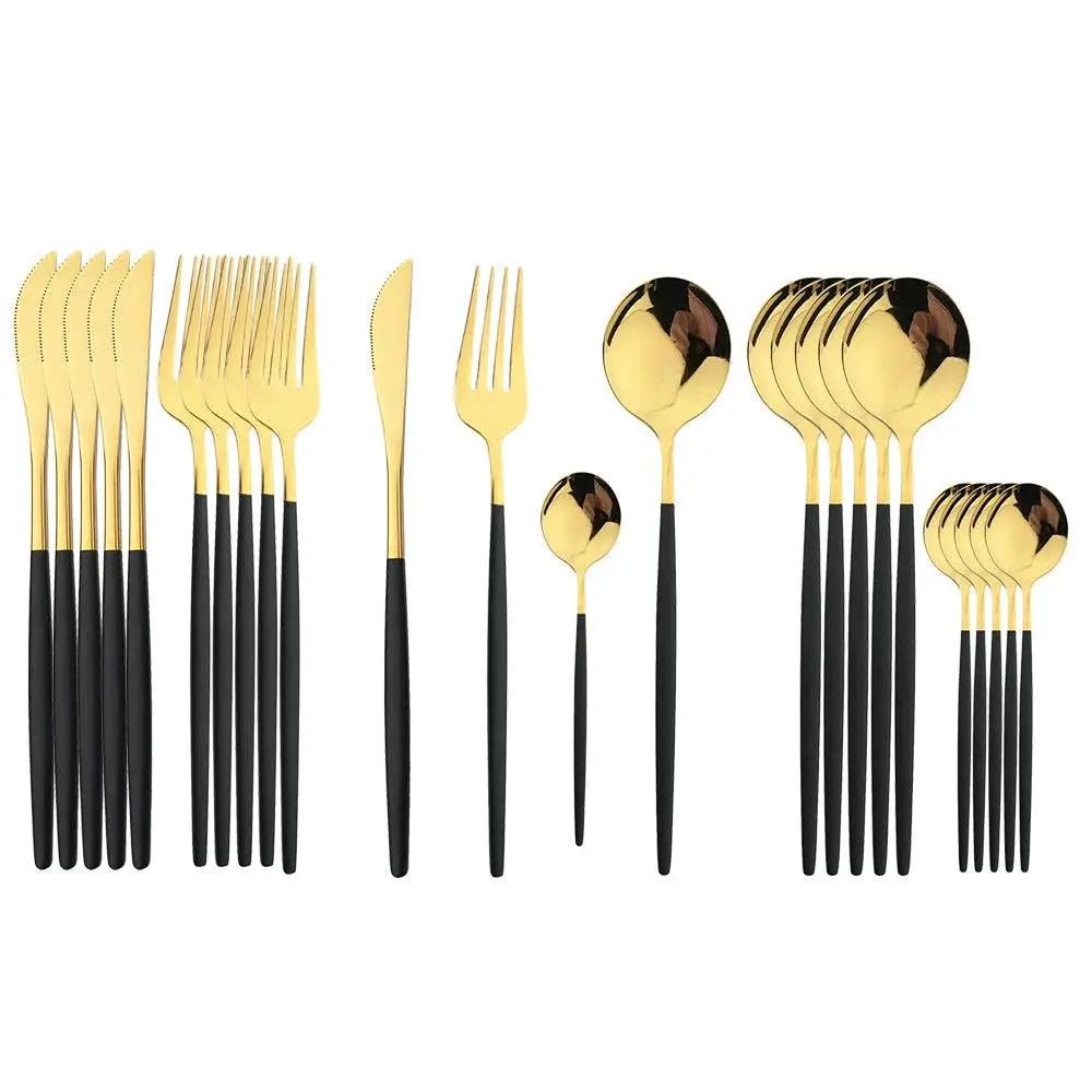 24 Pcs Black Handle Golden Cutlery Set featuring elegant black handles and shiny golden heads, perfect for stylish and versatile dining experiences.
