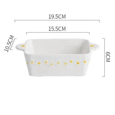 Rectangular baking dish from the Ceramic Embossed Little Daisy Plate Dinner Set with handles and daisy detailing, perfect for oven-to-table serving.