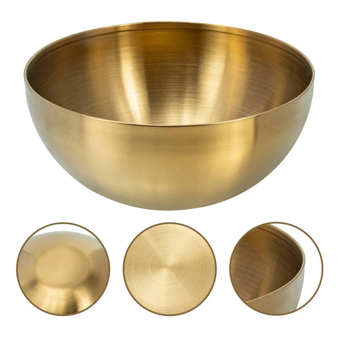 Gold Stainless Steel Salad Bowl - Versatile Kitchen Essential with detailed close-ups showing its brushed texture and seamless construction for kitchen needs.
